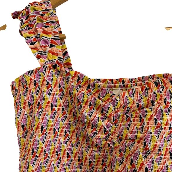 Maeve Retro Orange and Red Smocked Sleeveless Sweetheart Top - Picture 3 of 8